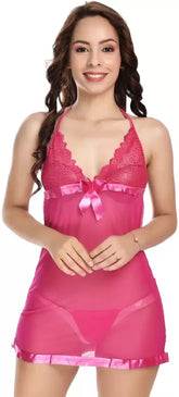 Rosy Desire Satin Trim Babydoll Lingerie – Hot Pink