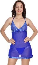 Midnight Bliss Satin Trim Babydoll Lingerie – Blue