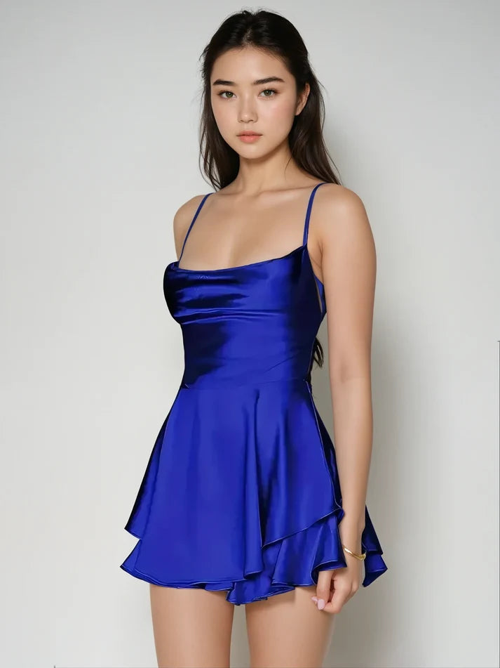 Luxe Lounge Satin Ruffle Dress – Royal Blue