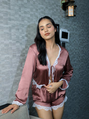Mocha Dusk Satin Lace Full Sleeve Set