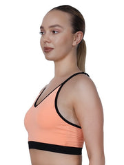 V-Neck Neon Peach Padded Sports Bra With Removable Cups