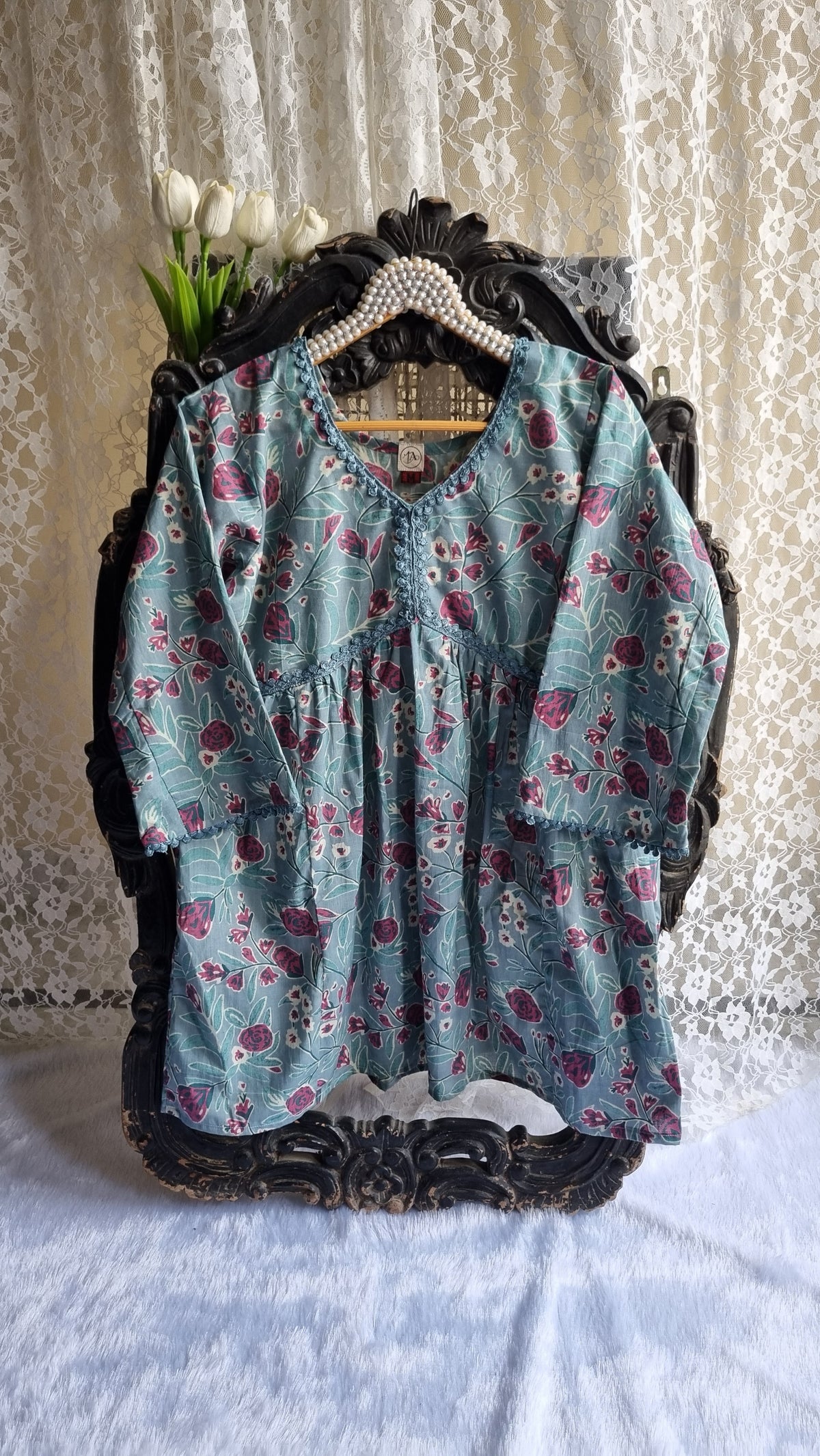 Phoolkari Breeze – Aqua Bloom Short Kurti