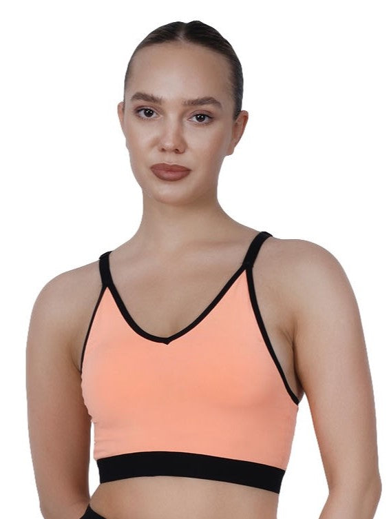 V-Neck Neon Peach Padded Sports Bra With Removable Cups