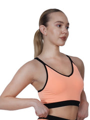 V-Neck Neon Peach Padded Sports Bra With Removable Cups