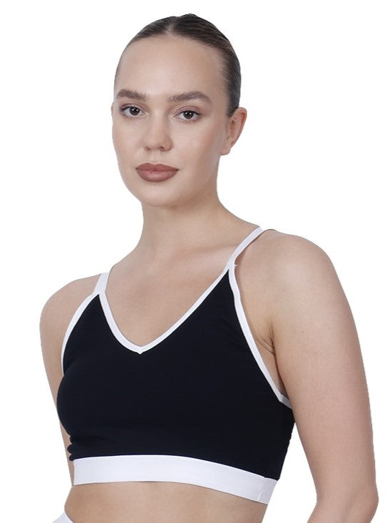 V-Neck Black Padded Sports Bra With Removable Cups