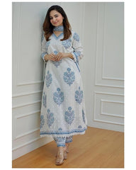 White & Blue Floral Printed Cotton Suit Set with Dupatta