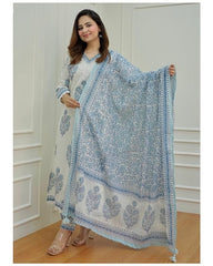 White & Blue Floral Printed Cotton Suit Set with Dupatta