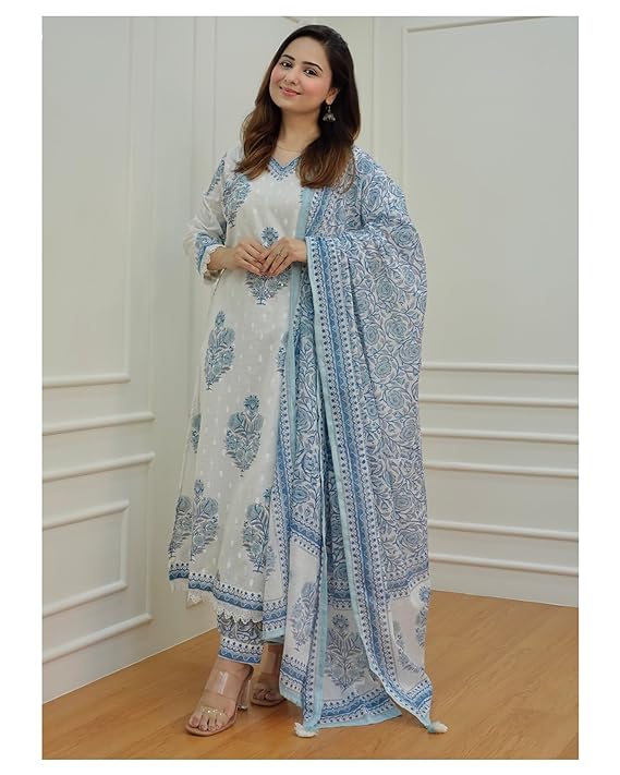White & Blue Floral Printed Cotton Suit Set with Dupatta