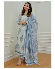 White & Blue Floral Printed Cotton Suit Set with Dupatta