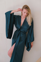 Ocean Blue Satin Kimono Robe