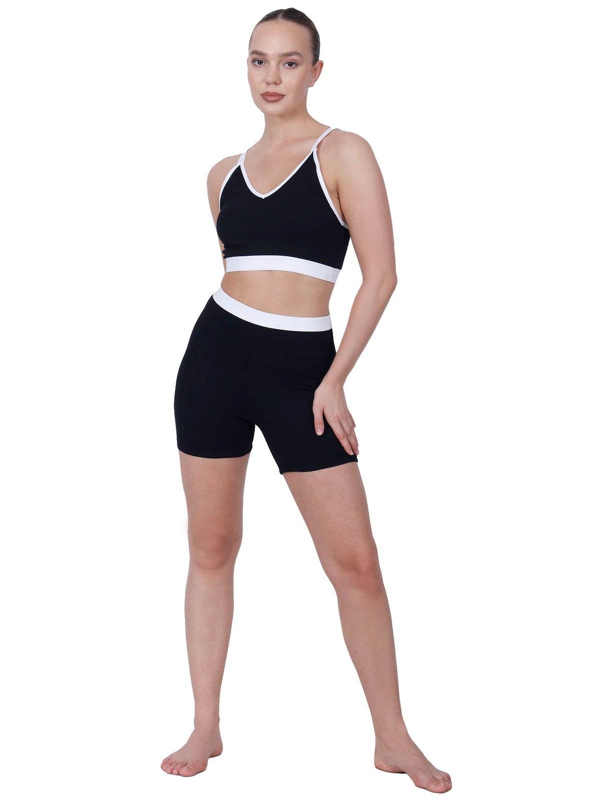 V-Neck Black White Padded Sports Bra set With Removable Cups