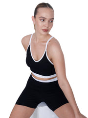 V-Neck Black White Padded Sports Bra set With Removable Cups