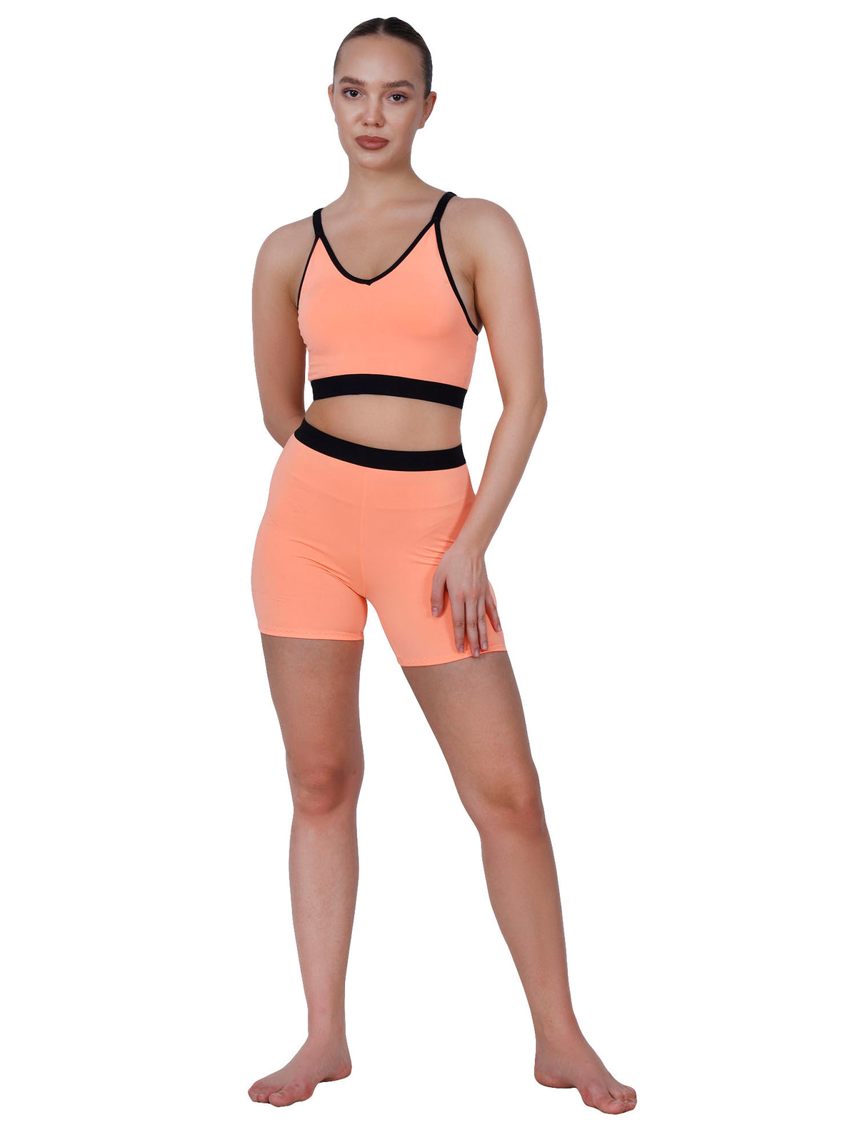 V-Neck Peach Padded Sports Bra Set With Removable Cups