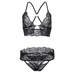 Ethereal Lace Ensemble - Three-Piece Black Lace Lingerie Set